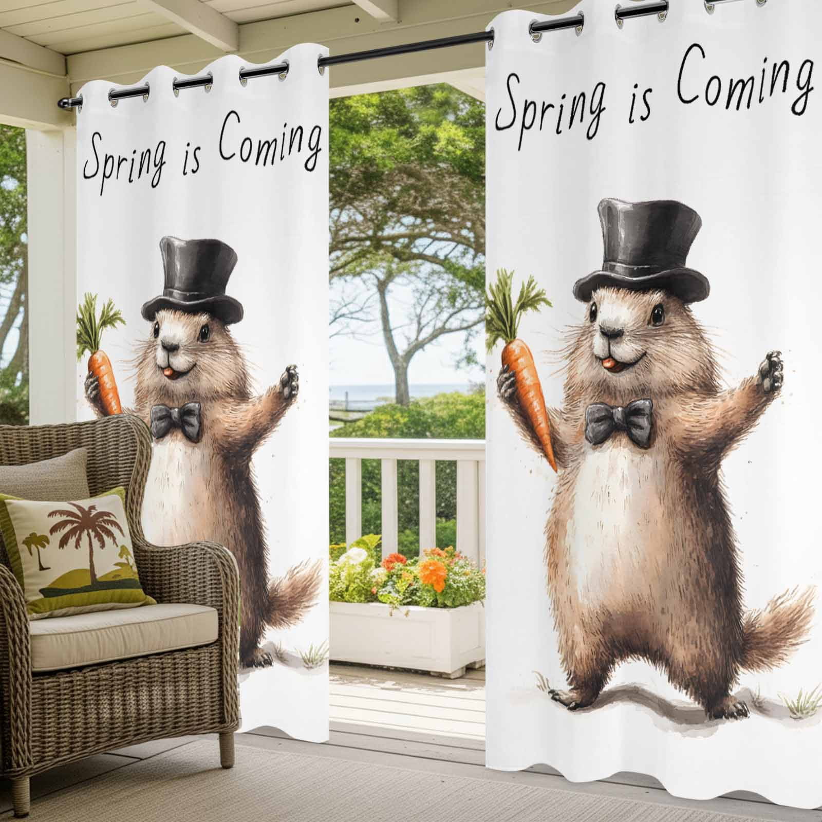 Outdoor Curtains for Patio Waterproof, Groundhog Day Windproof Pravicy Outside Porch Blackout Curtain, Spring Cute Brown Aniamls Carrot Sun Blocking Grommets Curtains for Cabana Gazebo 54"x108"