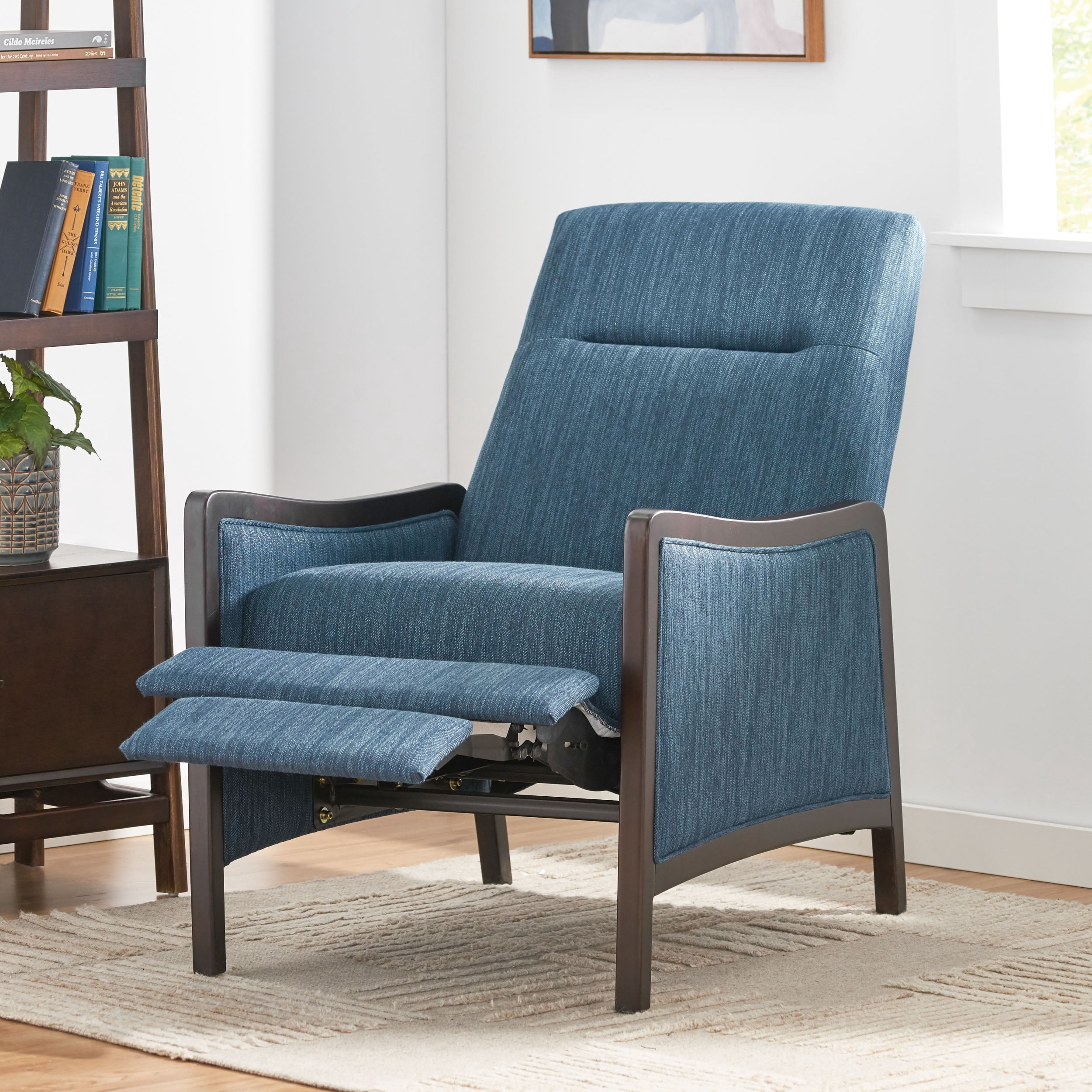 Noble House Roski Navy Blue Upholstered Recliner with Dark Walnut Frame