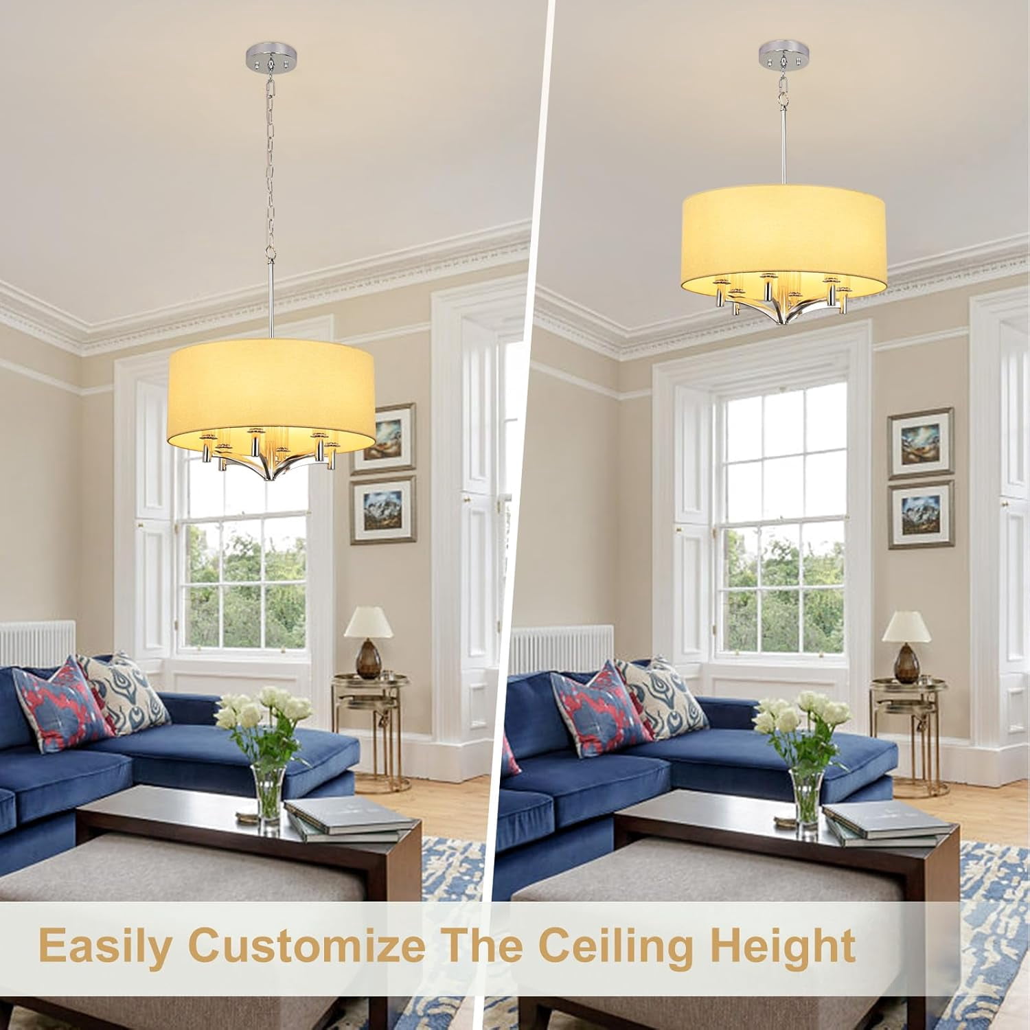 DingLiLighting 6 Light Flush Mount Ceiling Light Drum Pendant Light Brown Fabric Ceiling Light Fixture for Living Room, Dining, Bedroom, Kitchen, Hallway