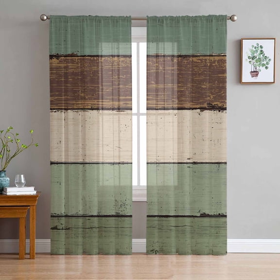 Green Brown Sheer Curtains 96 Inches Long 2 Panels Set, Window Sheer Curtains for Living Room/Bedroom, Country Wood Grain Abstract Stripe Light Filtering Rod Pocket Curtain 52'' x 96'' x 2