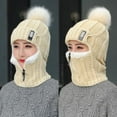 thumbnail image 3 of Women Siamese Scarf Windproof Winter Warm Knitted Hat Hat Scarf Set Beanies Caps Pompoms Hat GREY, 3 of 8