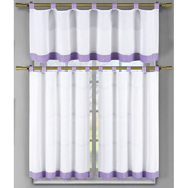 3 Pc Kitchen Curtains And Valance White Background With Checkered Border Walmart Com Walmart Com