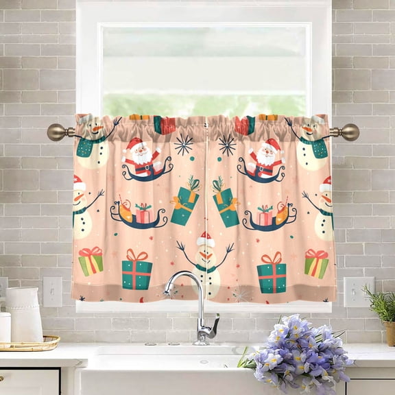 Yayeee Kitchen Curtains Tier Pair Light Filtering 27"x36" Rod Pocket Short Cafe Window Panel, Beige Christmas Snowman