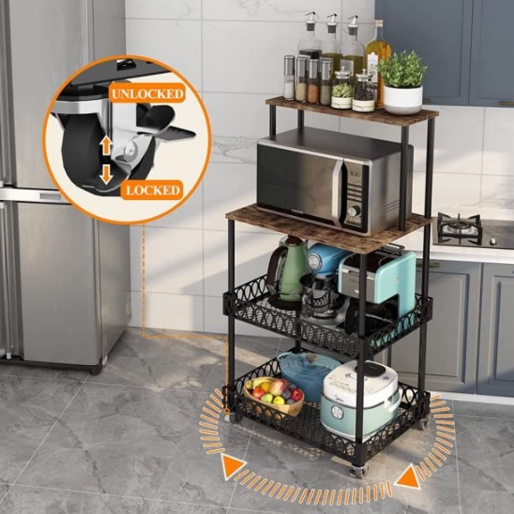 Kadyn 4-Tier Baker's Rack for Microwave Kitchen, Kitchen Storage Rack with Rollers, Steel Shelves for Home, Black Kadyn 4-Tier Baker's Rack for Microwave Kitchen, Kitchen Storage Rack with Rollers, Steel Shelves for Home, Black
