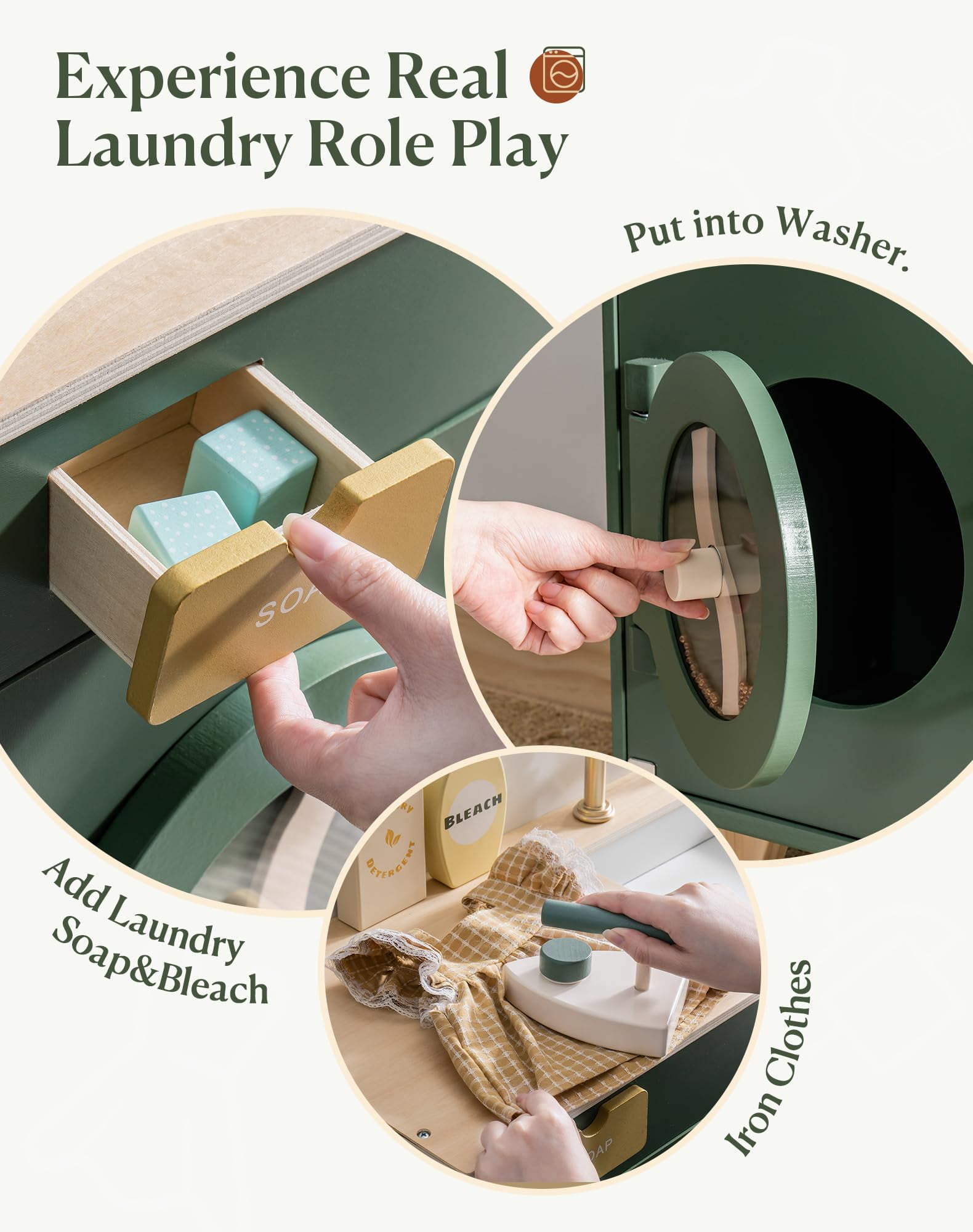 Robotime Wooden Play Kitchen Set Toy Washing Machine Washer and Dryer for Playset Pretend Play for Kids Boys Girls Age 3+,Vintage Green