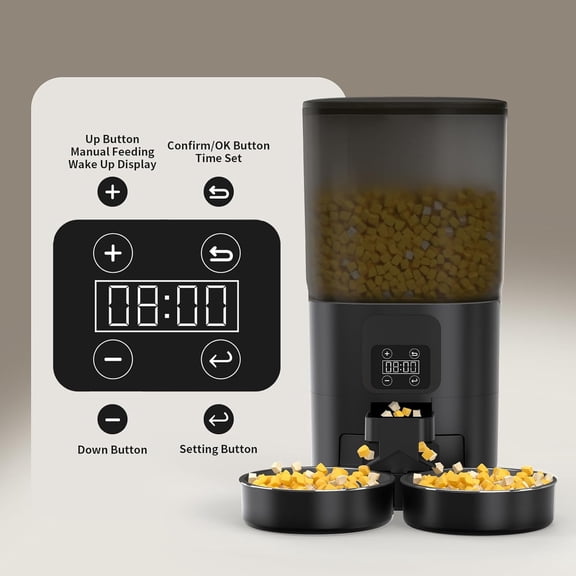 Black Automatic  Feeder for 2 Cats, 7L Timed Dry Food Dispenser with 2 Stainless Bowls, Programmable Control 1-12 Meals, Dog Bed Compatible