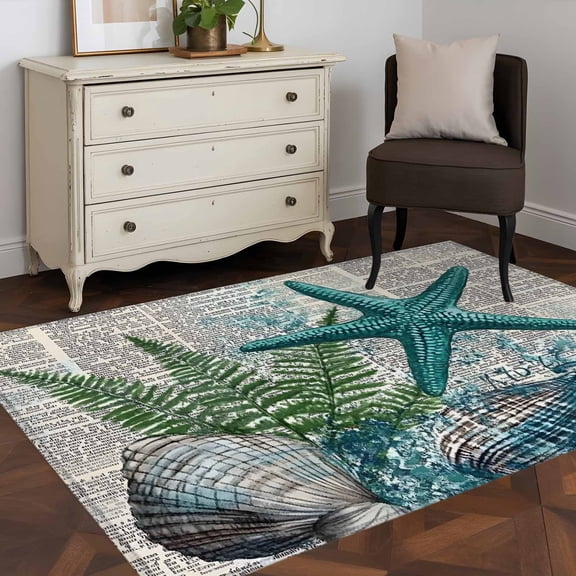 3'x5' Area Rugs, Coastal Beach Indoor Outdoor Area Rug for Living Room Bedroom, Vintage Ocean Starfish Conch Pine Leaf Washable Bathroom Rugs Kitchen Floor Carpet Mats Home Decor Aesthetic