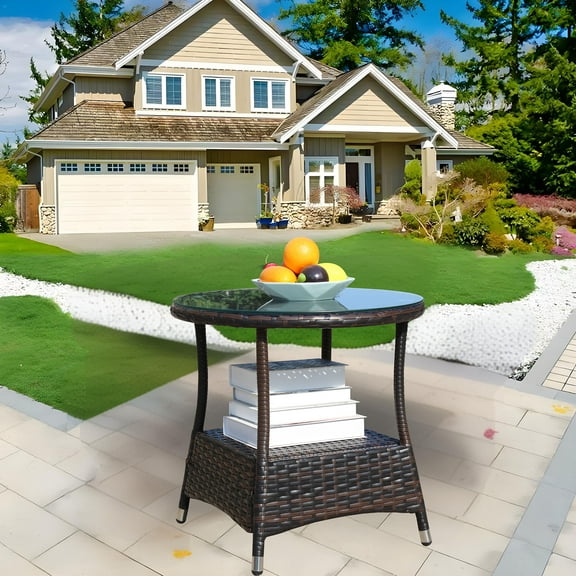 Stylish Coffee Table For Outdoor Use With Clear Tempered Glass Top and Wicker Design