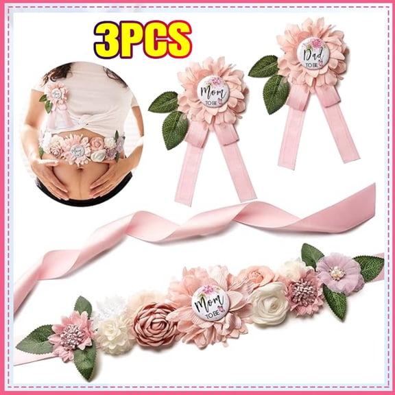Maternity Sash and Corsage Set Mom to Be Daddy to Be Corsage Pin Flowers BabyShower Souvenir Sash Supplies Gender Reveal Decorations