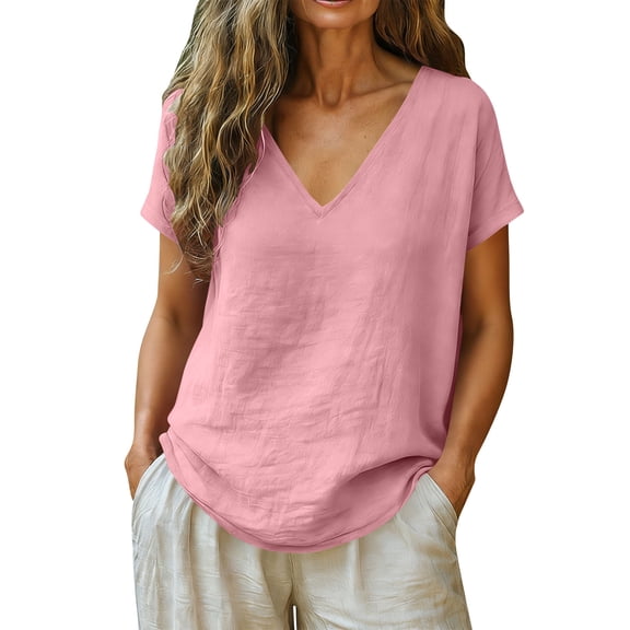 Women's Fashion Cotton Linen Tops Loose V-Neck Short Sleeve Casual Blouse Shirts Pink XXL