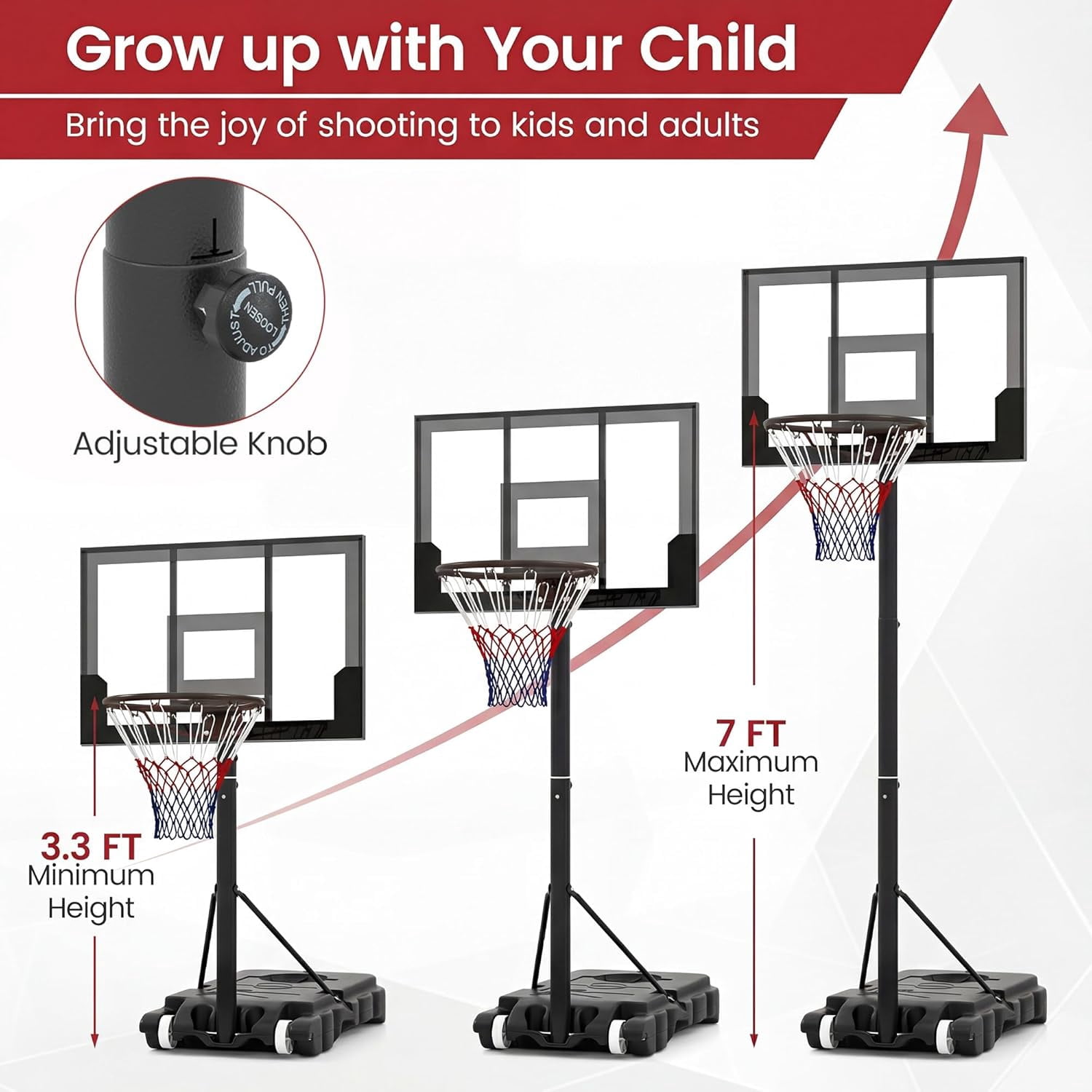 OLAKIDS Basketball Hoop Outdoor, Portable 3.3-7 FT Height Adjustable Goal System with Wheels Shatterproof Backboard, Fillable Base for Kids Youth Teens Adults Driveway Backyard Pool Indoor