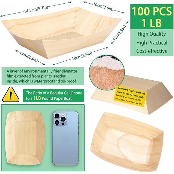 YUYAN-100 Pack 1Lb Paper Food Boat Trays Disposable Paper Boat Plates Containers, Kraft Food Serving Trays Boats Baskets Bowls for Snack Fries Popcorn BBQ Hot Dog Burger Sandwich Dessert Taco Nacho