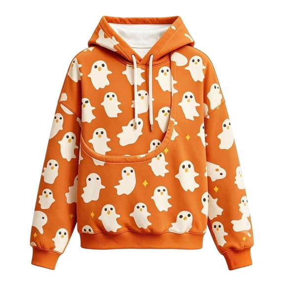 Zijinkuiwen Women Oversized Fleece Hoodie with Pet Pocket Cute Ghost Diamond Star All Over Print Pullover for Halloween Fall Casual Daily Wear,S