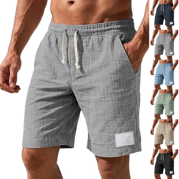 Chiccall Casual Shorts for Men Vintage Lightweight Patch Cotton Bermuda Shorts Breathable Elastic Waist Drawstring Beach Vacation Short with Pocket