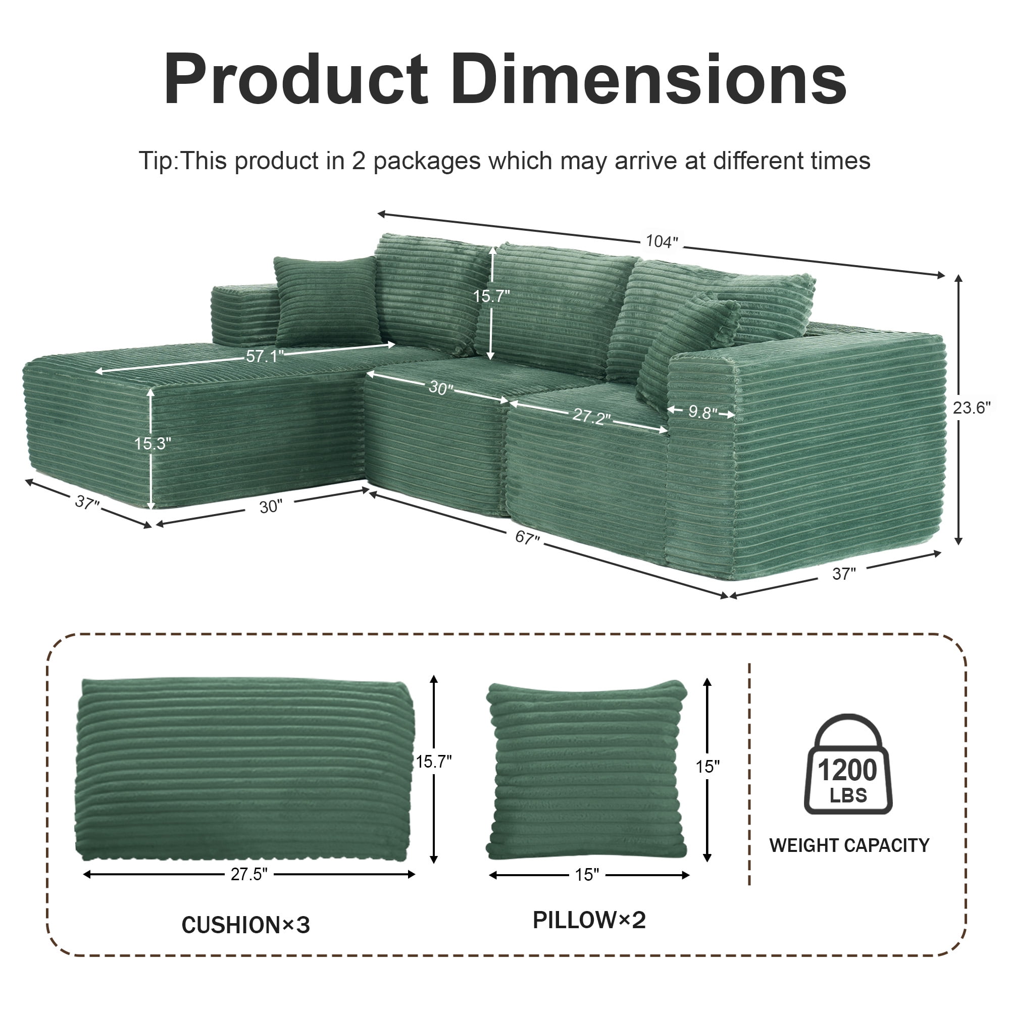 MAYEERTY Corduroy Sectional Couch, Comfy Modular Compression Sofa for Apartment & Living Room, 104×67" Green