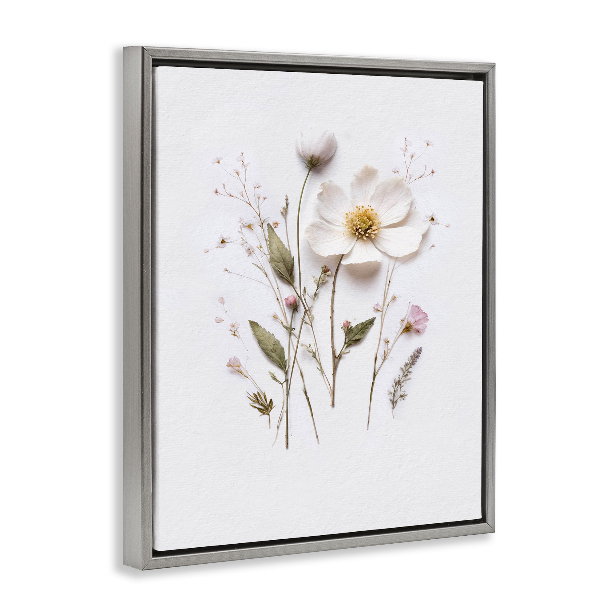 Delicate Pressed Flower Sprigs Gray Framed Floater Canvas Wall Art, design by Lettered and Lined