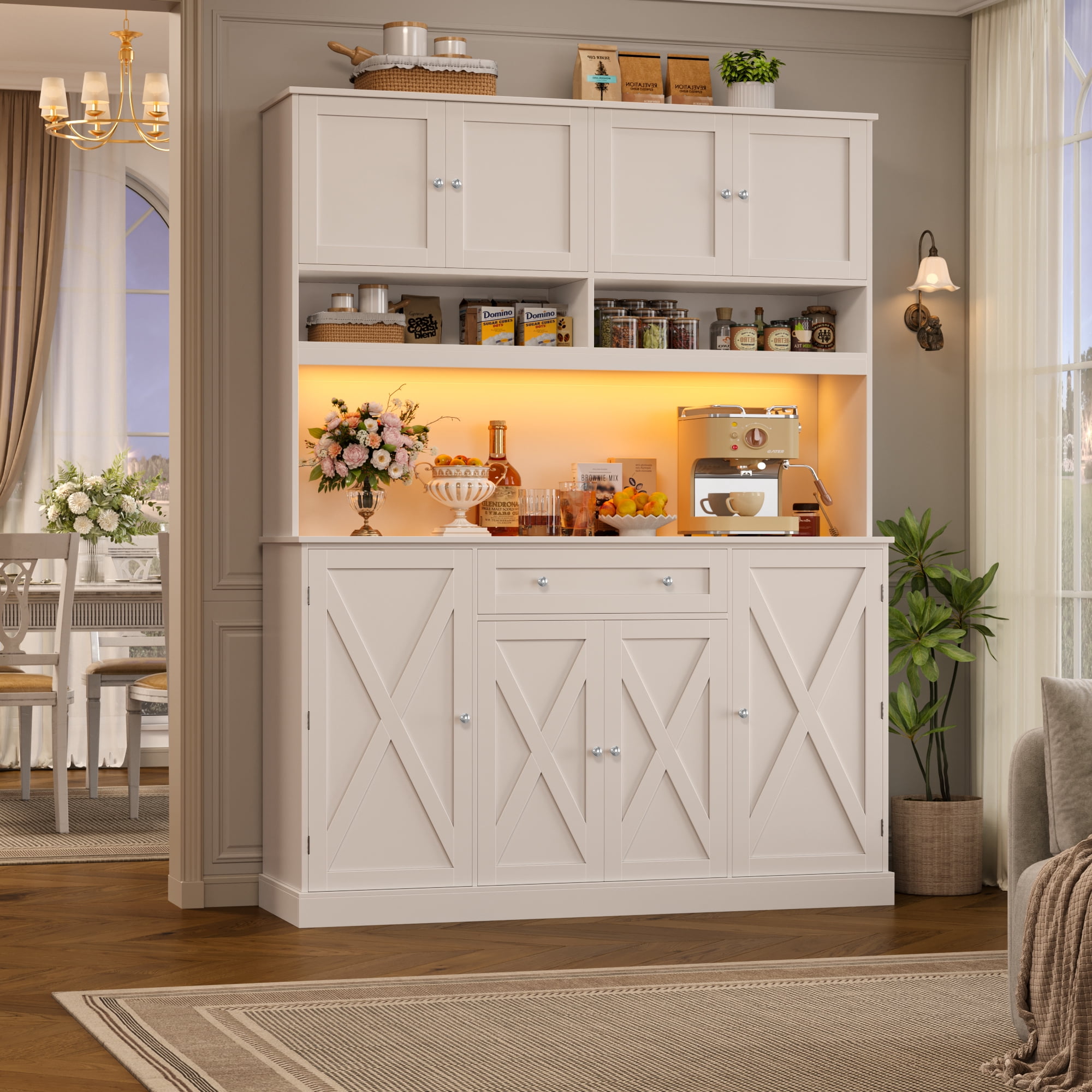 Homfa 72.8'' Tall Kitchen Pantry Cabinet with LED Lights & Charging Station, 8 Doors Storage Cabinet with Drawers & Shelves & Countertop, Kitchen Hutch with Adjustable Shelves for Dining Room, White
