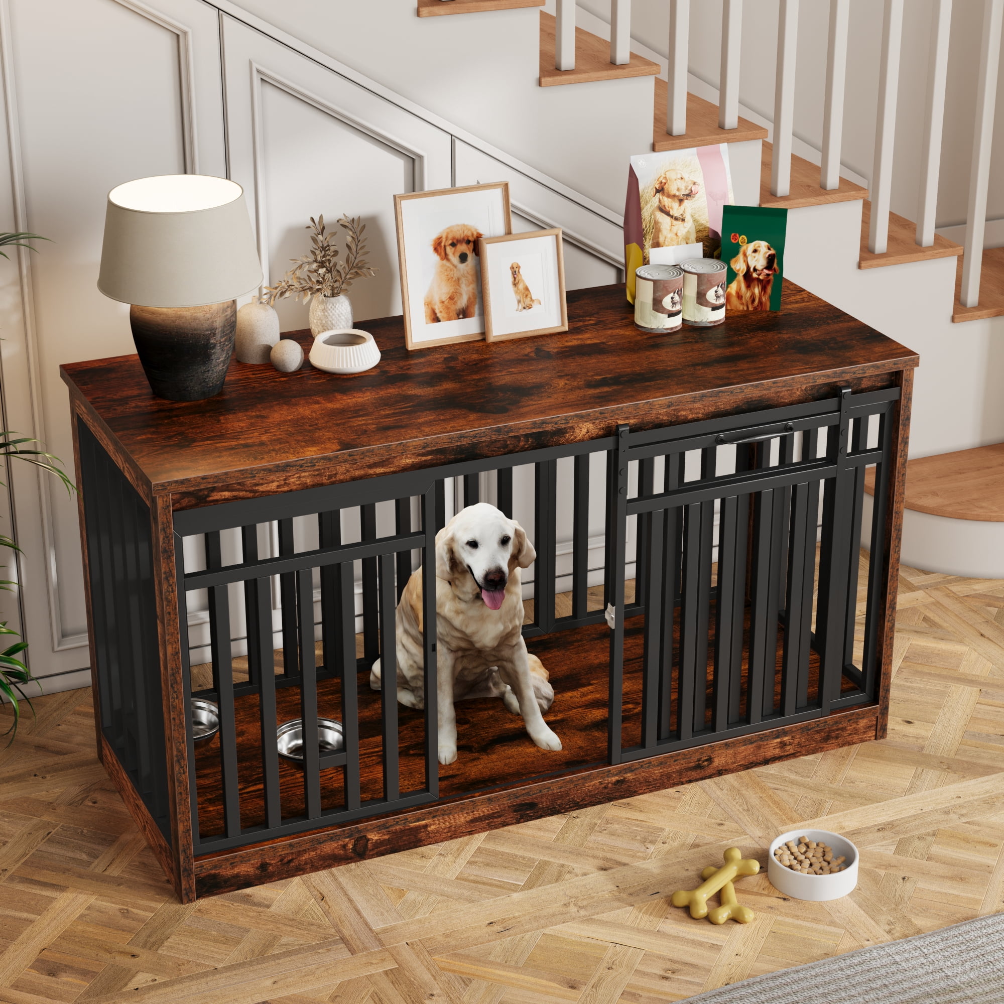 Uforic 55.1 Inch Dog Crate Furniture for Large Dogs,Indoor Furniture Style Wooden Large Dog Kennel TV Stand Sliding Doors - Rustic Brown
