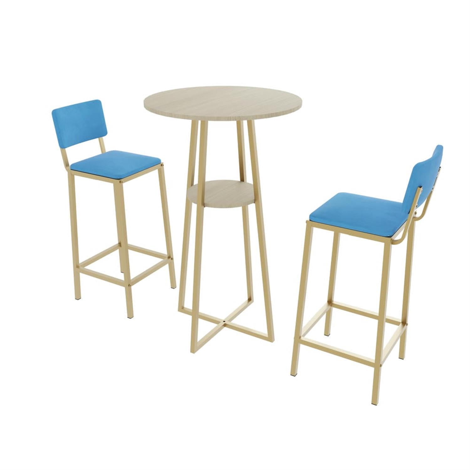 Demi Bonn 3-Piece Dining Table Set with 2 Upholstered Chairs and Storage, Kitchen Bar Table Furniture Sets for Dining Room, Apartment, Blue
