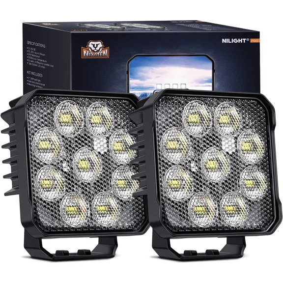 Nilight 2PCS 4Inch Led Pods Square 3370LM Built-in EMC Work Light 90° Flood Beam Angle for Offroad Lights Side Light Rear Back-Up Light for Tractor Truck Motorcycle Boat ATV UTV, 5 Years Warranty
