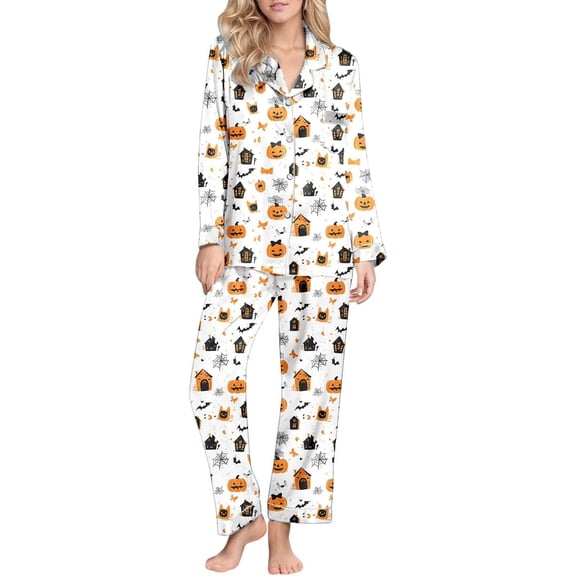 Womens Pajama Sets Halloween Satin Button Down Long Pant 2pc Fall Sleepwear Halloween Pajamas for Women Set Beige L