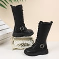thumbnail image 3 of Girls Leather Riding Knee High Boots with Side Zipper Fashion Round Toe Comfortable Low Heel Lace Up Combat Boots Lug Sole Motorcycle Boots Little Kid/Big Kid, 3 of 5