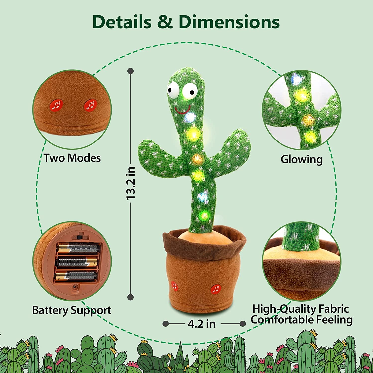 with 120 English Songs and Recording Function Baby Toys Funny Dancing Cactus Repeats What You Say Battery Singing Cactus Toy with LED Electronic Plush Toy with Lighting 