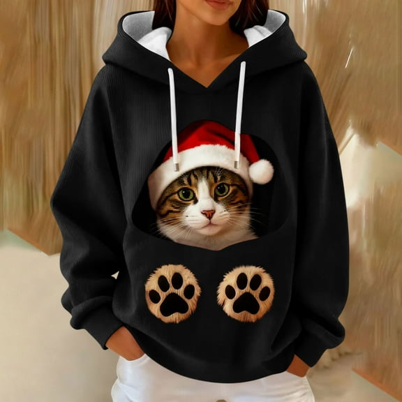 Craaazy Hooded Sweatshirts for Women Christmas Print Long Sleeve Tops Gifts