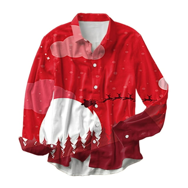 Chemise à Manches Longues Imprimée Thème de Noël Automne et Hiver pour Hommes, Col à Revers, Chemise à Simple Boutonnage Imprimée