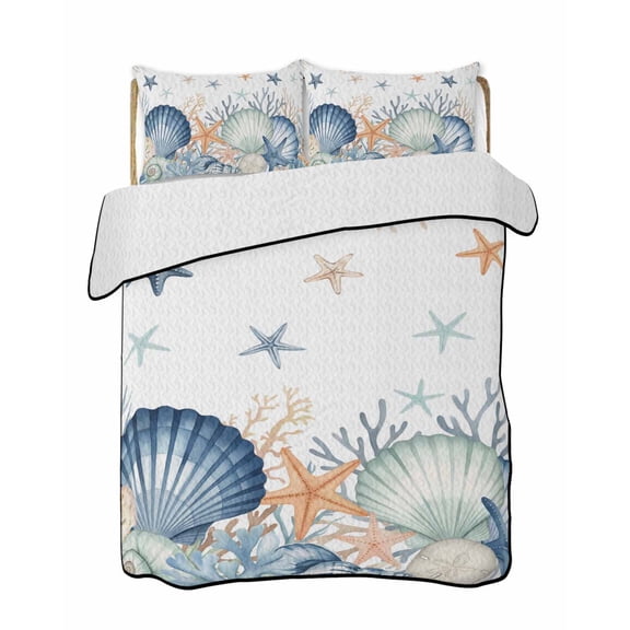 Quilts Queen Size Bedding Set, Navy Blue Coastal Reversible Summer Quilt 3 Pieces, Shell Starfish Coral Nautical Summer Beach Lightweight Bedspreads Coverlets with 2 Pillow Shams for All Seasons