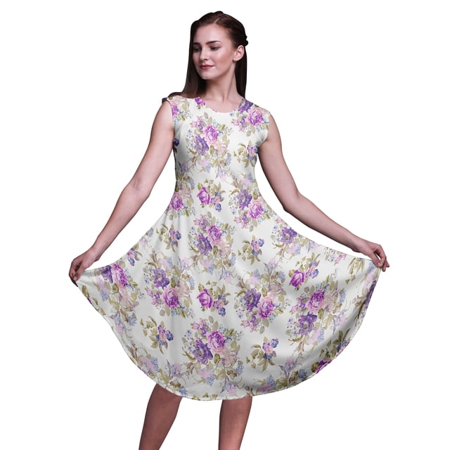 Bimba Robe d'Été Sans Manches à Col Rond pour Femmes, Imprimée Florale Feuilles Violettes/lilas et Pivoine, Tenue Décontractée-Petit