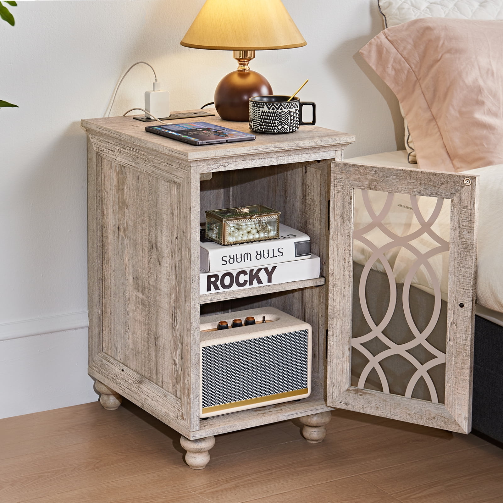 Narrow Side Table with Charging Station, End Table with Storage Night Stand with USB Ports and Outlets Small Wooden Cabinet for Living Room, Bedroom, Grey
