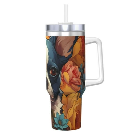 

KLL Cute Colorful Flower French Bulldog Print 40oz Stainless Steel Insulated Car Cup Coffee Mug with Spillproof Lid - Keep Your Drink Hot or Cold on the Go