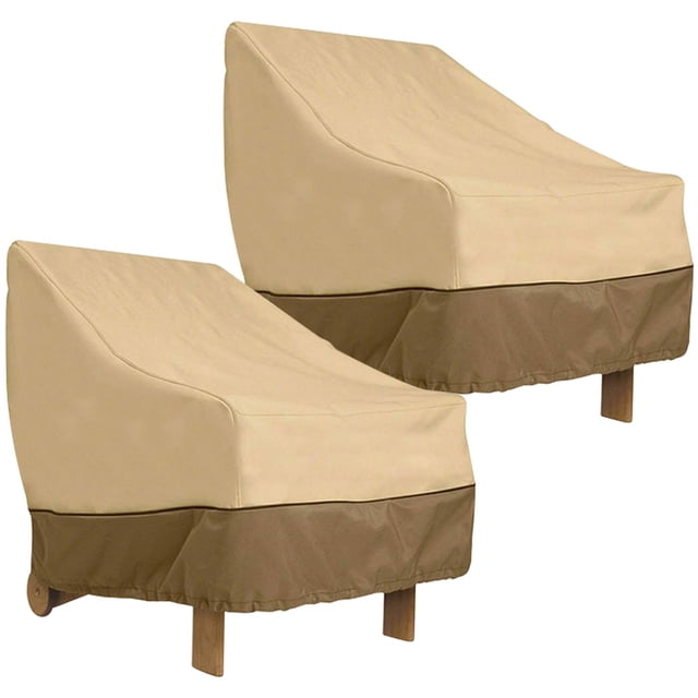 Outdoor Rocking Chair Covers, 2Pcs Outdoor Patio Furniture Covers for Rocking Chairs, shown in beige and brown with a high-back design. Made of durable 210D oxford cloth with anti-UV and waterproof coating, these covers feature double-stitching seams for enhanced tear resistance and weather protection. Reinforced tie-down loops and adjustable fasteners ensure a snug fit, preventing the covers from being blown away. Suitable for most outdoor rocking chairs, measuring 33 inches x 28 inches x 39 inches.