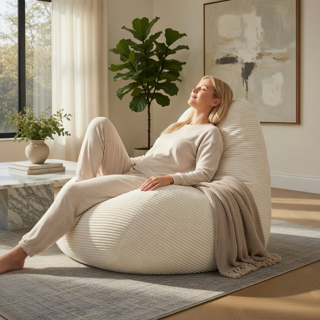 Hommoo Bean Bag Sofa Chair Lazy Sofa Chair, Ultra Soft Lazy Sofa with Skin-friendly Corduroy Cover and Soft Sponge Filling, Off-white