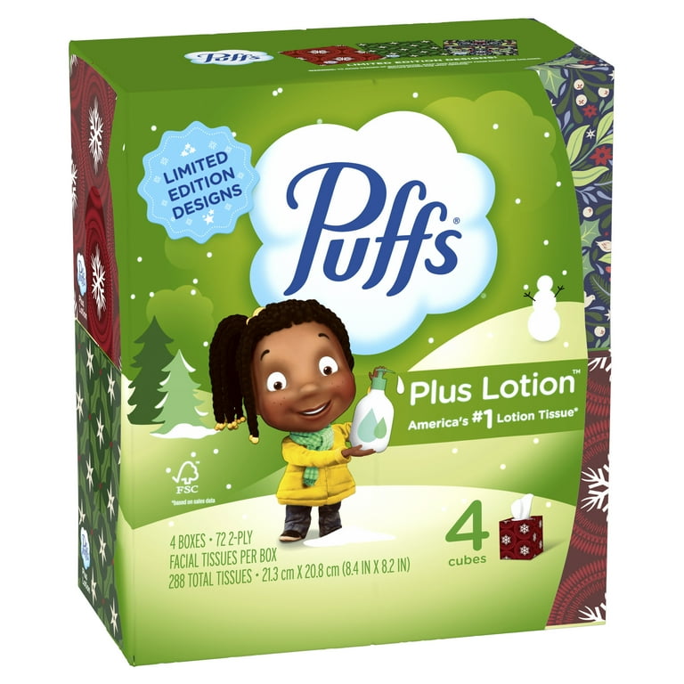 4 pack) Puffs Plus Lotion Facial Tissue, 4 Mega Cube Boxes