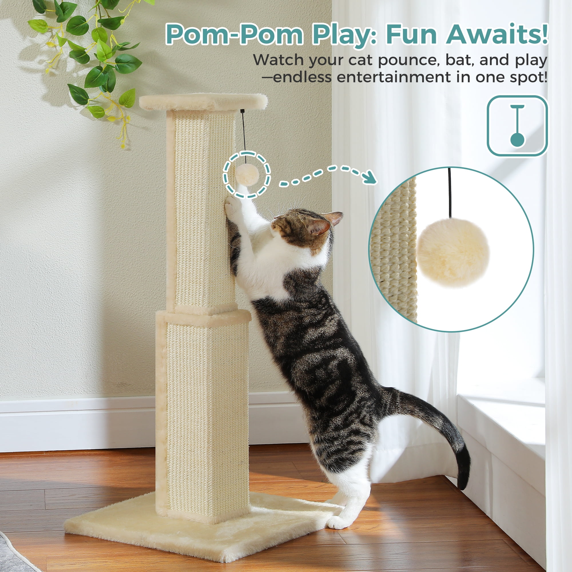 PAWZ Road 31" Natural Sisal Cat Scratching Post Indoor Cat Scratcher with Plush Large Base, Beige