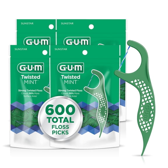 GUM Twisted Mint Floss Picks - Twisted Threads, Shred-Resistant Floss, Easy Grip Handle, 150 Count. (Pack of 4) 600 Total