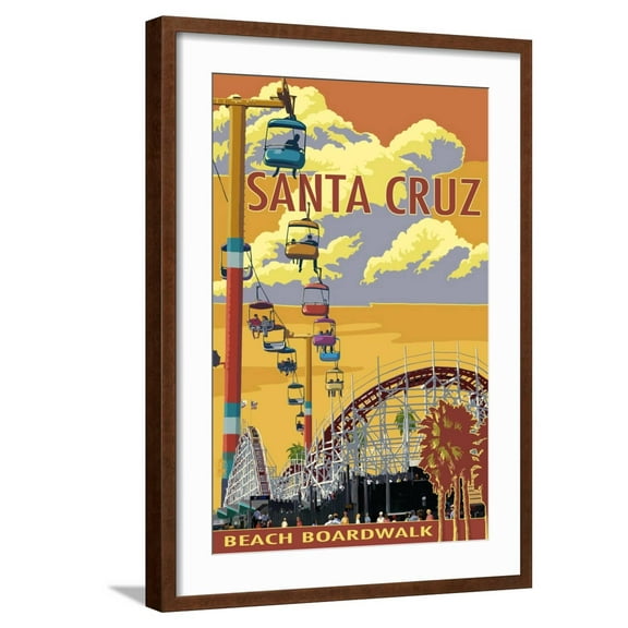 Art.com Santa Cruz, California - Beach Boardwalk Art Print by Lantern Press, Brown Frame Wall Art, 21" x 29"