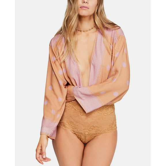 Free People Printed Plunging Bell Sleeve Bodysuit Brown M