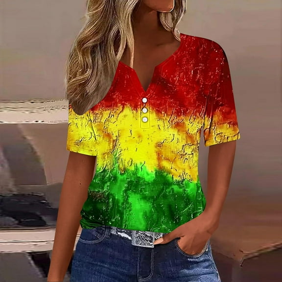 Shirts for Women under $5 Short Sleeve V-neck Button Up Independence Day Printed Shirt Multicolor