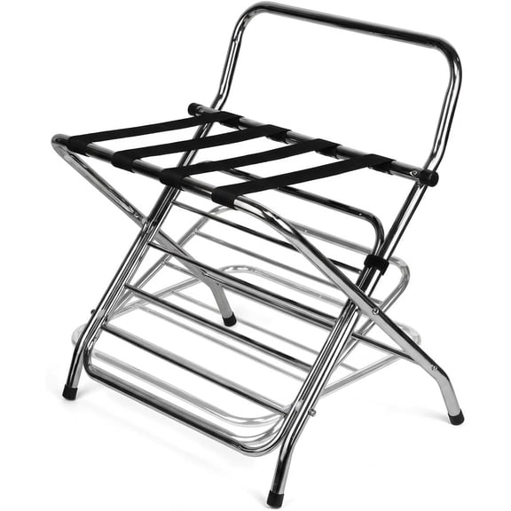 USTECH 2-Tier X-Shape Foldable Luggage Rack with High Back & Nylon Straps | Durable Chrome Suitcase Stand for Guest Room, Bedroom & Hotel | Heavy Duty Space-Saving Luggage Holder