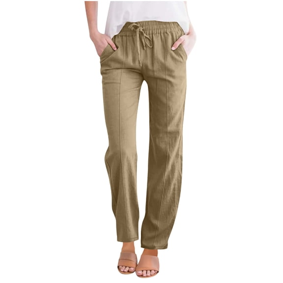 LEAVINGSUO Linen Pants for Women Plus Size Elastic Waist Women'S Spring Solid Color Lace-Up With And Linen All Straight Leg Casual Pants Khaki L