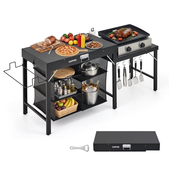 Foldable Outdoor Grill Prep Table with Storage, Compatible with Blackstone Ninja Griddles, Heavy Duty Portable Camping Kitchen Stand for BBQ Patio, Black