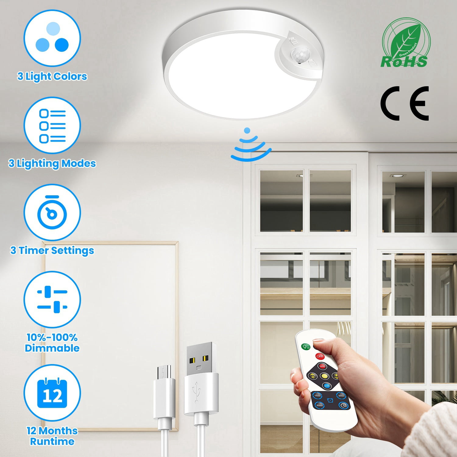 Moclever Rechargeable Wireless Ceiling Light, Dimmable Motion Sensor LED Ceiling Light with Remote Timer 3 Colors 3 Modes for Stairs Garage Bathroom, White