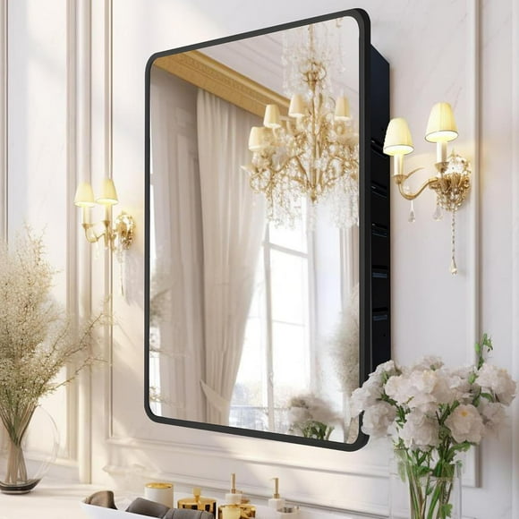 Medicine Cabinet with Mirror 16x24 inch Black Recessed Medicine Cabinet or Surface Wall Mount Bathroom Cabinets with Adjustable Shelves Metal Framed Mirror Rounded Rectangle Storage Cabinet