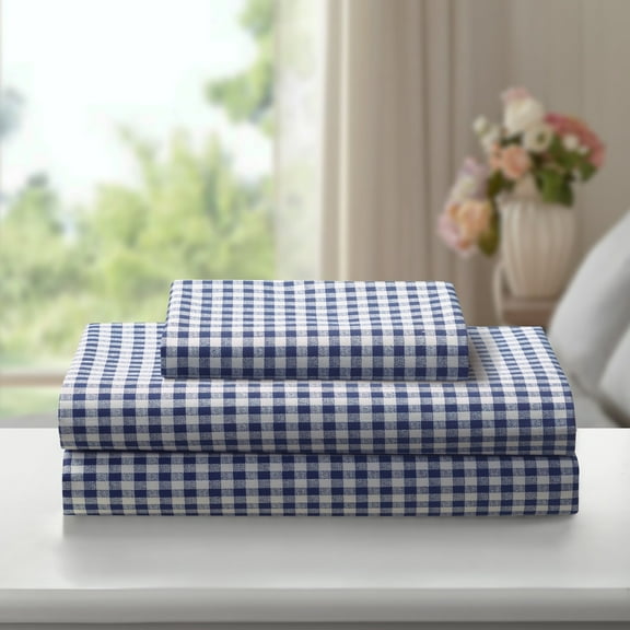 Laurel & Mayfair Gingham Printed 250tc 100% Cotton Percale Navy 3-Piece Sheet Set, Twin