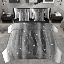 Homewish Gradient Gray White 7pcs Bedding Comforter Set,Stripes Print Queen Bedding Sets,Abstract Geometric Aesthetic Queen Sheet Sets For Kids,Microfiber Bedroom Decor Reversible