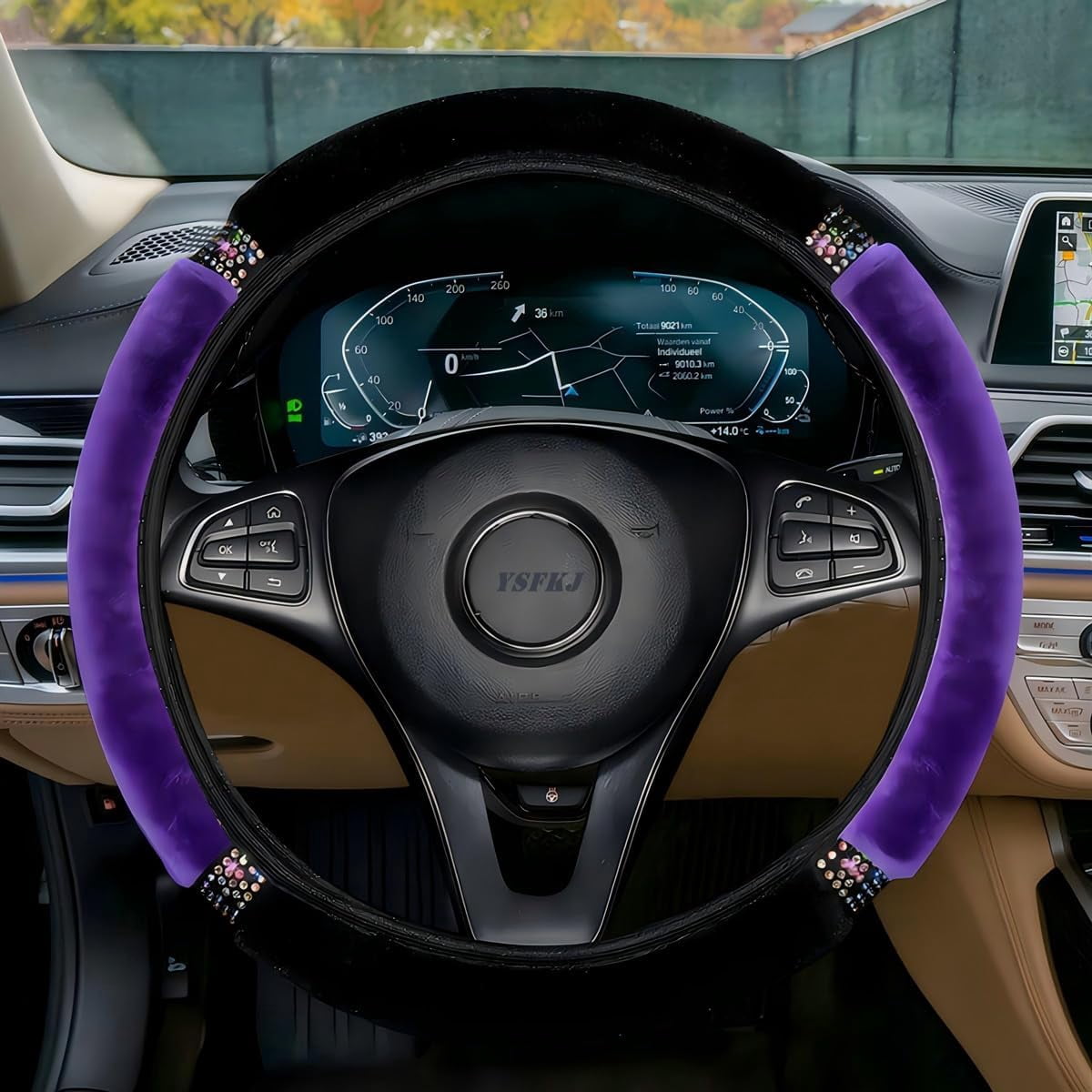 Fluffy Steering Wheel Cover, Universal 15 Inch Colorful Rhinestones Car Steering Wheel Cover, Sparkly Diamond Steering Wheel Protector for Women Girls,Purple