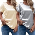 thumbnail image 3 of FLMEI Women T-Shirts Short Sleeve Tees Shoulder Round Neck Tops Silk Tees Casual Summer Solid Color T Shirt S-2XL, 3 of 8